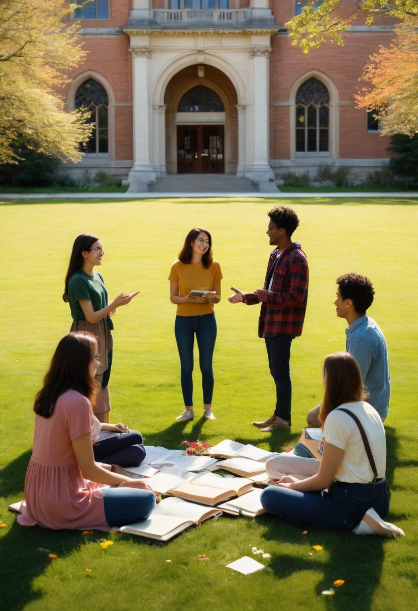 A vibrant scene depicting a diverse group of university students engaged in friendly discussions on a sunny campus lawn, with hints of blossoming romance illustrated through subtle gestures like holding hands or sharing smiles. The backdrop features iconic university architecture, colorful flowers, and books scattered around to emphasize academic life. Lively colors and a warm atmosphere to reflect the journey from friendship to romance. super-realistic. vibrant colors. sunny background.