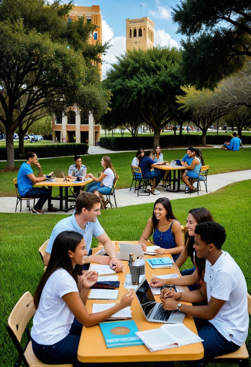 A vibrant college scene at UCF showcasing diverse students engaging in activities that symbolize friendship and community. Include elements like groups studying together, students sharing fun moments, and a campus backdrop with iconic UCF architecture. Emphasize warm colors to evoke feelings of affection and connection. super-realistic. vibrant colors. outdoor setting.