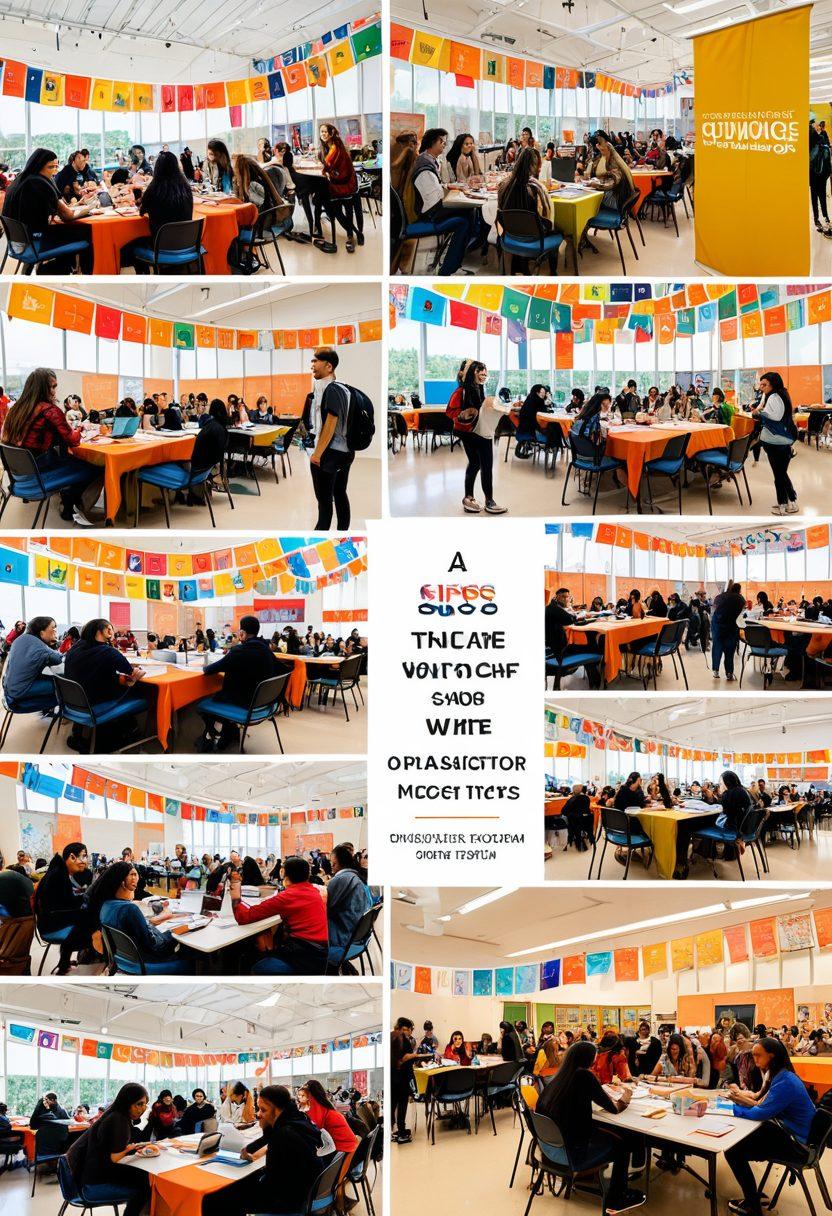 A vibrant collage depicting diverse students collaborating in a warm, inviting campus setting, engaging in discussions and teamwork at various student organization booths. Include elements like colorful banners, books, and technology to represent knowledge sharing. Use bright colors and a lively atmosphere that showcases unity and the joy of collaboration. super-realistic. vibrant colors. white background.